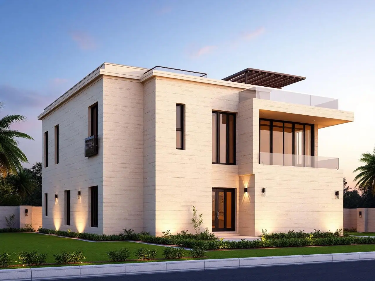Contemporary Glass & Stone Duplex – Jubilee Hills – 3D render